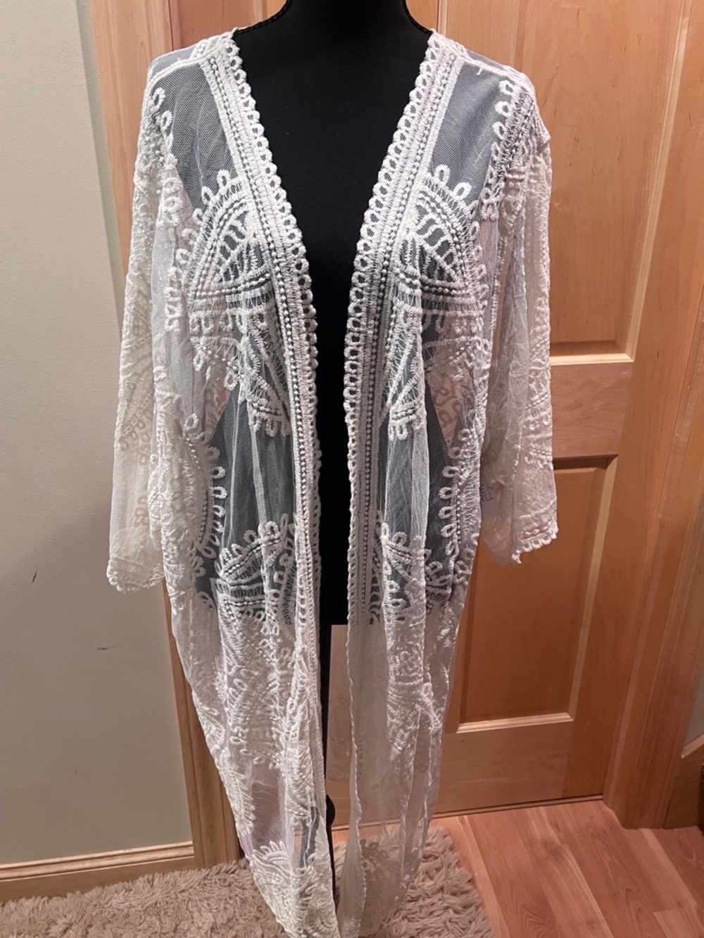 Time & Tru Cream Lace Duster Kimono Sheer Boho Romantic Bridal Coquette XXL-XXXL